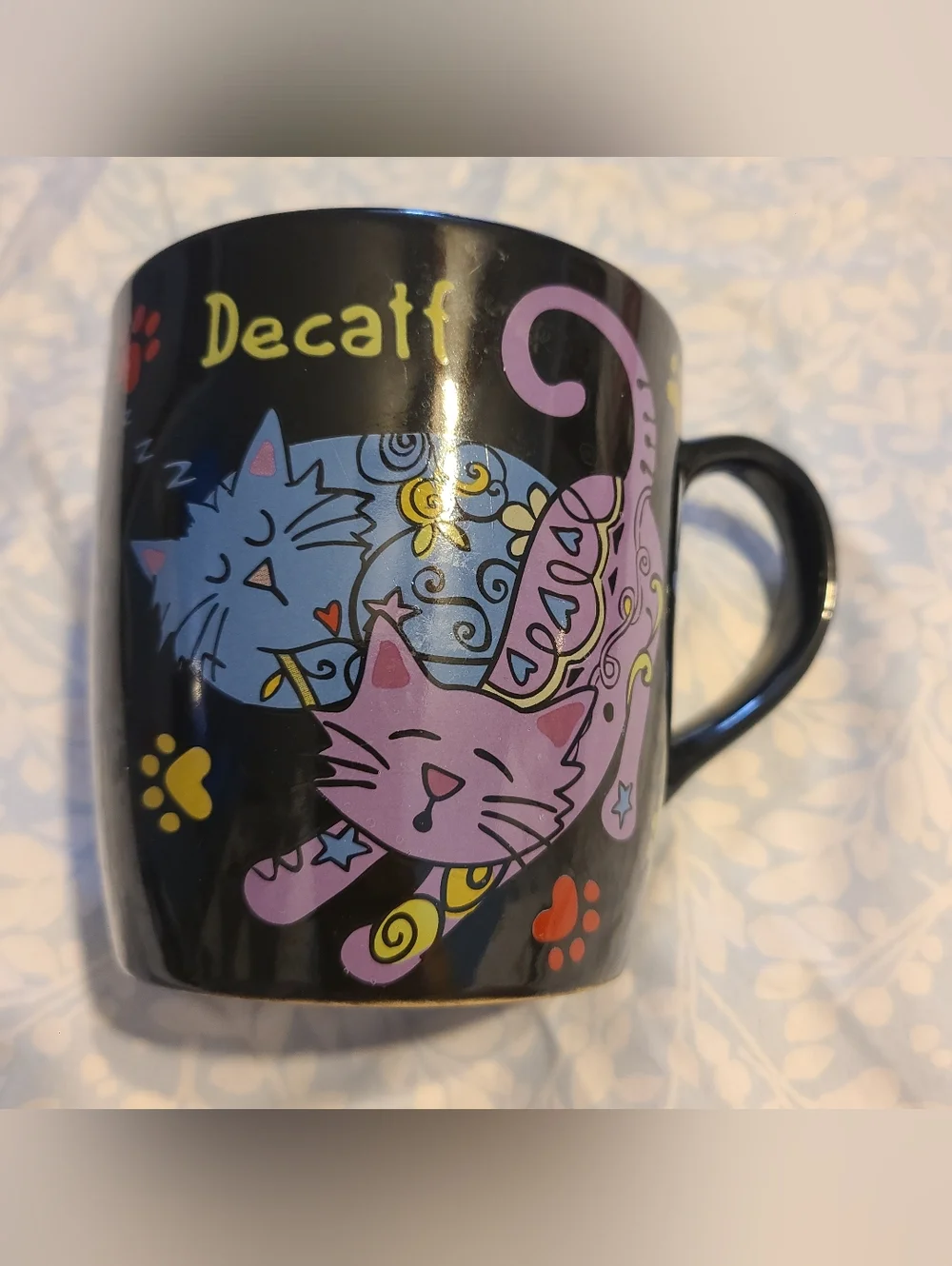 Black Cat Ceramic Mug with Pink & Blue Cat Design